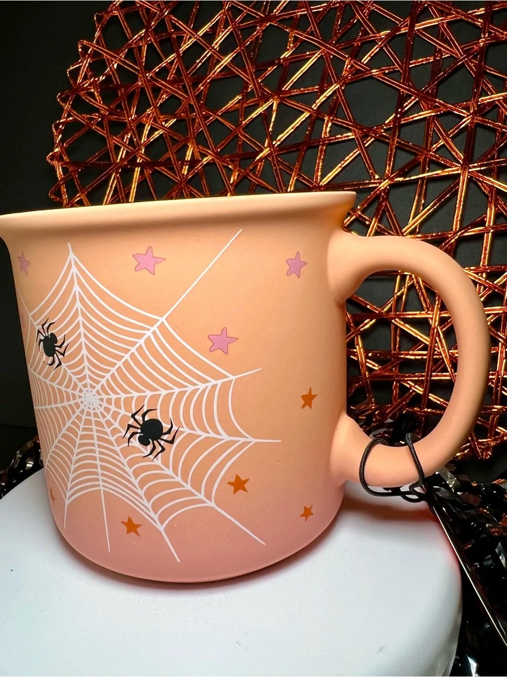 Halloween Light Orange Spiderweb Mug with Black Spiders Ombré Stars Stoneware